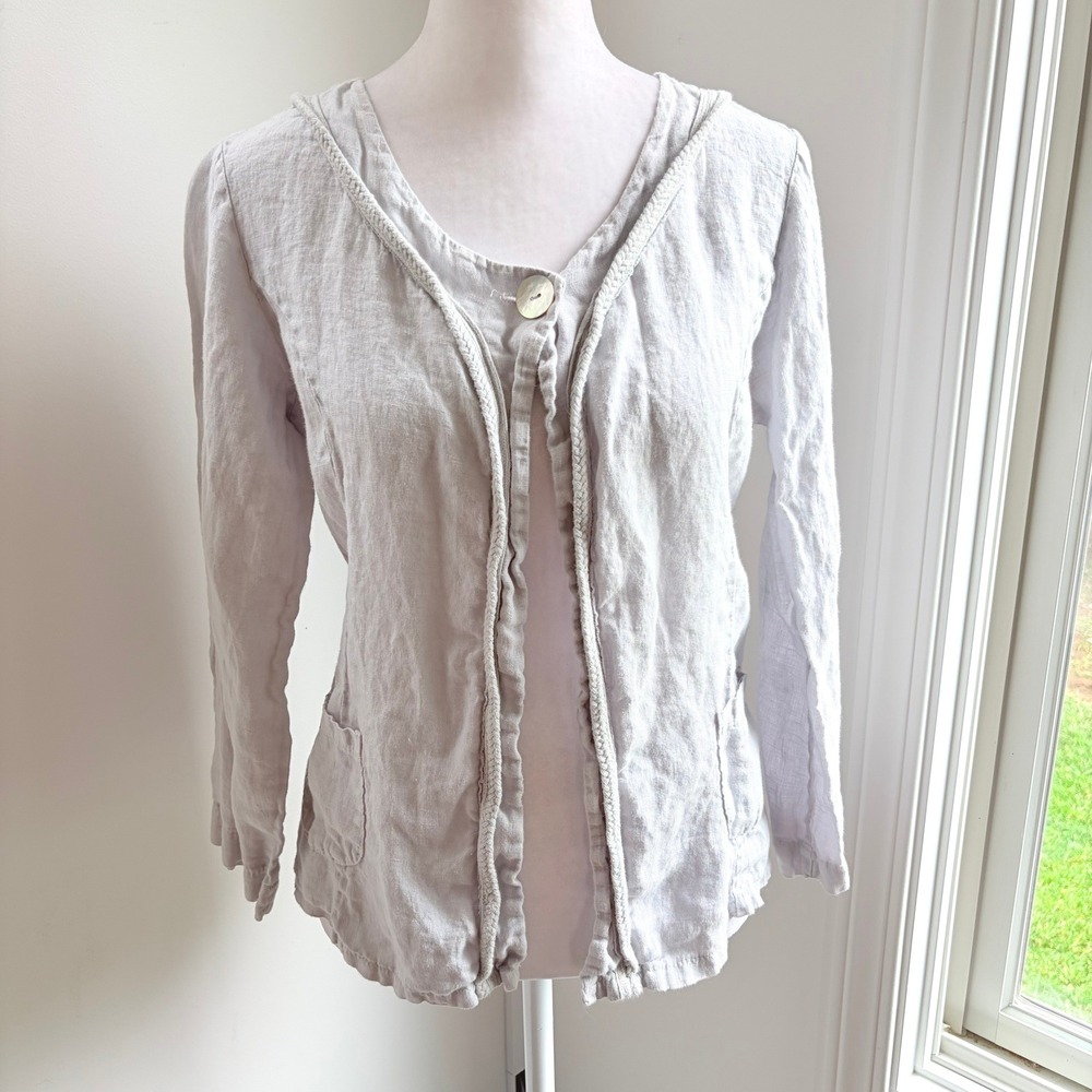 Carla Conti Linen Cardigan Medium Coastal Gray Italian Braided Trim Jacket